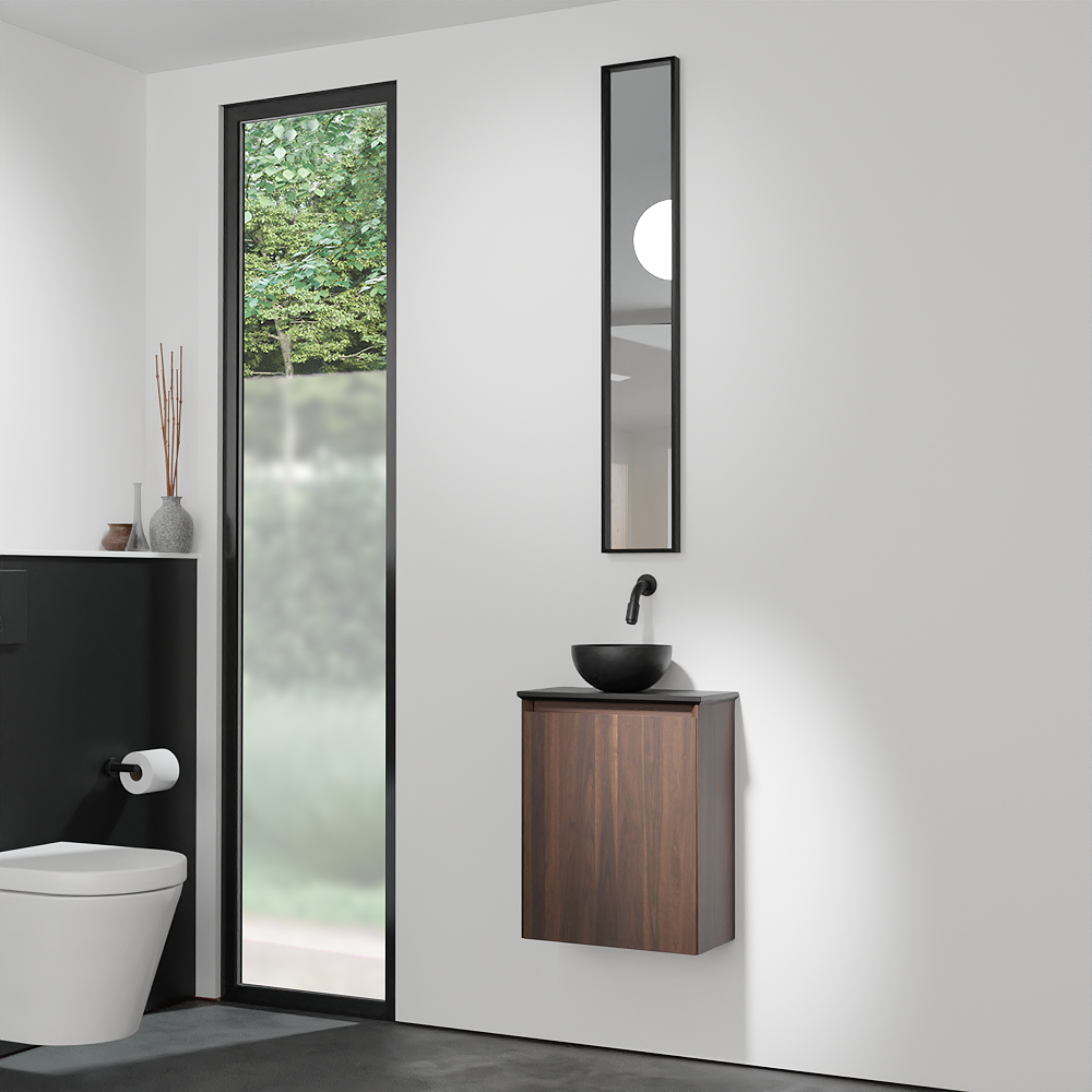 Balmani Mitra meuble wc suspendu 42 x 21 cm noyer américain avec Facetta tablette et Bari vaque à poser en granite aiguisé