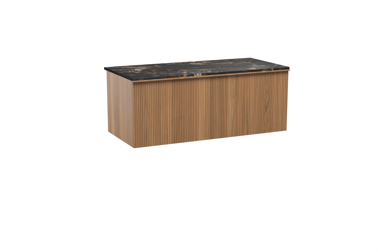 Balmani Forma hängendes Möbelstück Set: 120 x 55 cm, Teak, mit Stretto Einzel Waschtischplatte, Marmor, Portoro Gold, Vertikale symmetrische gerade Rippe