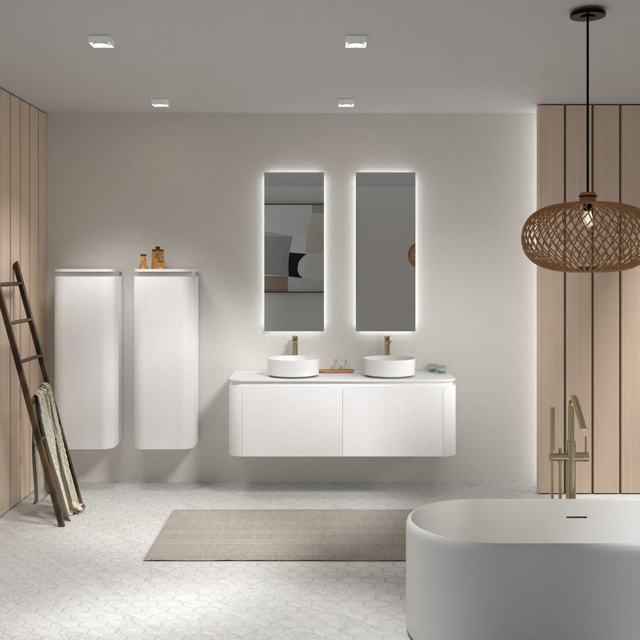 Balmani Moon hängendes Möbelstück Set: 160 x 55 cm, Weiß matt, mit Moon Einzel- oder Doppel Waschtischplatte, Solid Surface, Weiß matt, Vertikale symmetrische gerade Rippe