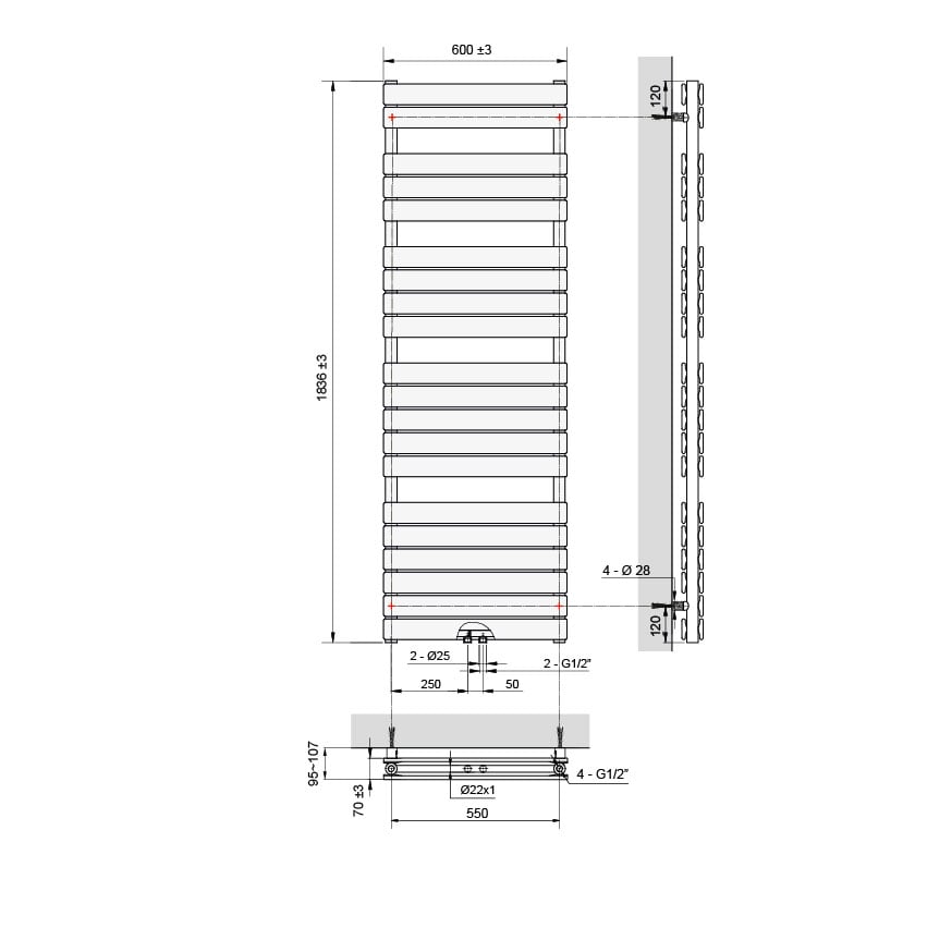Vipera Vulcan sèche-serviettes double 60 x 183,5 cm chauffage électrique blanc mat raccordements latéral et central possibles 1.975W, résistance incluse