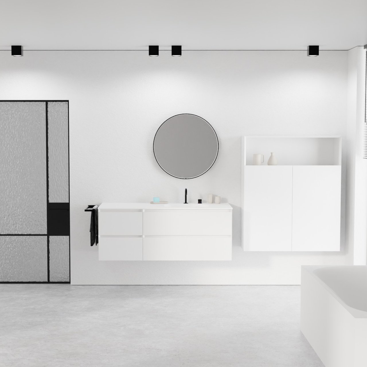 Balmani Mitra meuble salle de bains suspendu 135 x 55 cm blanc mat avec Tablo Arcato plan vasque asymétrique à droite en solid surface blanc mat