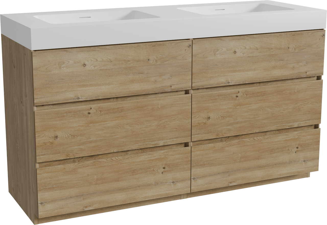 Storke Edge staand badmeubel 150 x 52 cm ruw eiken met Mata High dubbele wastafel in solid surface mat wit
