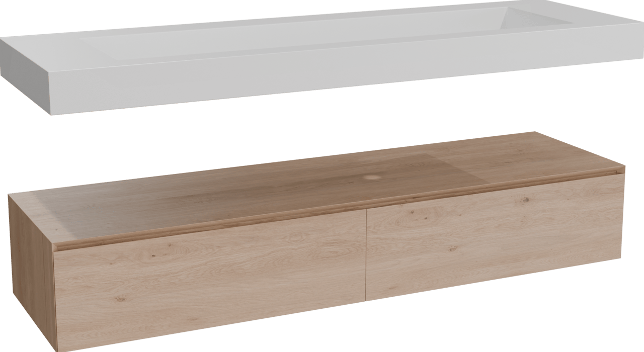 Balmani Mitra Elements hängendes Möbelstück Set: 180 x 55 cm, Naturbelassene Eiche mit Modus Einzelwaschtisch für 2 Armaturenlöcher, Solid Surface Weiß matt