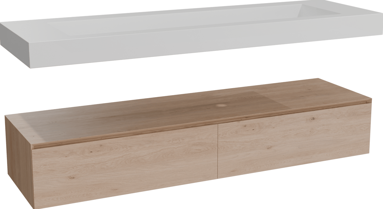 Balmani Mitra Elements zwevend badkamermeubel 180 x 55 cm natuur eik met Modus enkele wastafel voor 2 kraangaten in solid surface mat wit