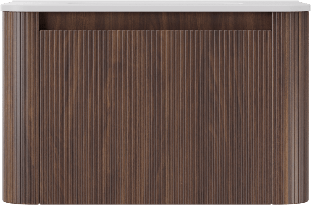 Storke Soft hängendes Möbelstück Set: 80 x 46 cm, Nussbaum, mit Kera Soft Einzelwaschtisch Keramik Weiβ matt, Vertikale symmetrische gerade Rippe