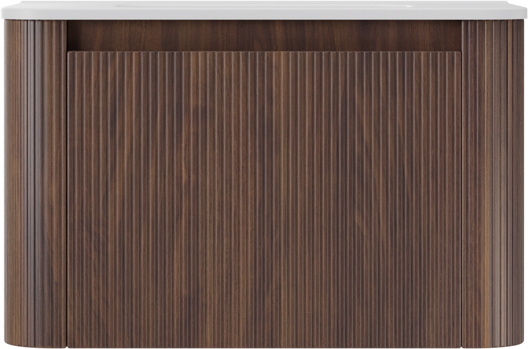 Storke Soft hängendes Möbelstück Set: 80 x 46 cm, Nussbaum, mit Kera Soft Einzelwaschtisch Keramik Weiβ matt, Vertikale symmetrische gerade Rippe