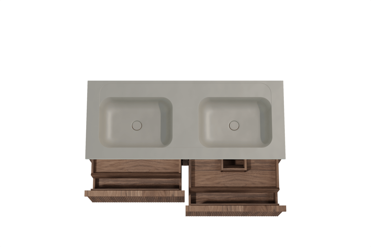 Balmani Forma zwevend badkamermeubel 135 x 55 cm amerikaanse notelaar met Tablo Strada dubbele wastafel in composietmarmer zijdegrijs, Verticale symmetrische rechte ribbel