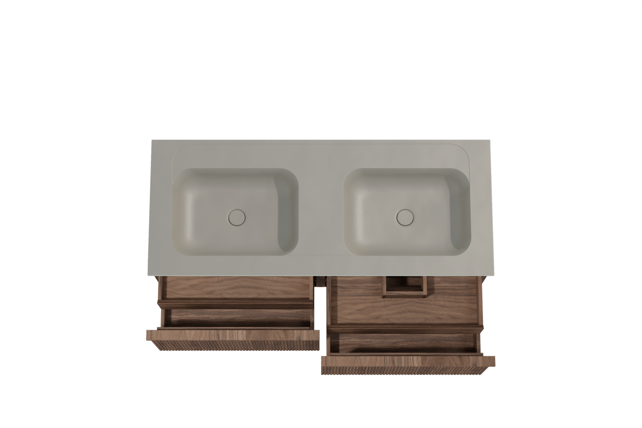 Balmani Forma meuble salle de bains suspendu 135 x 55 cm noyer américain avec Tablo Strada double vasque en marbre composite soie grise, Nervure droite symétrique verticale