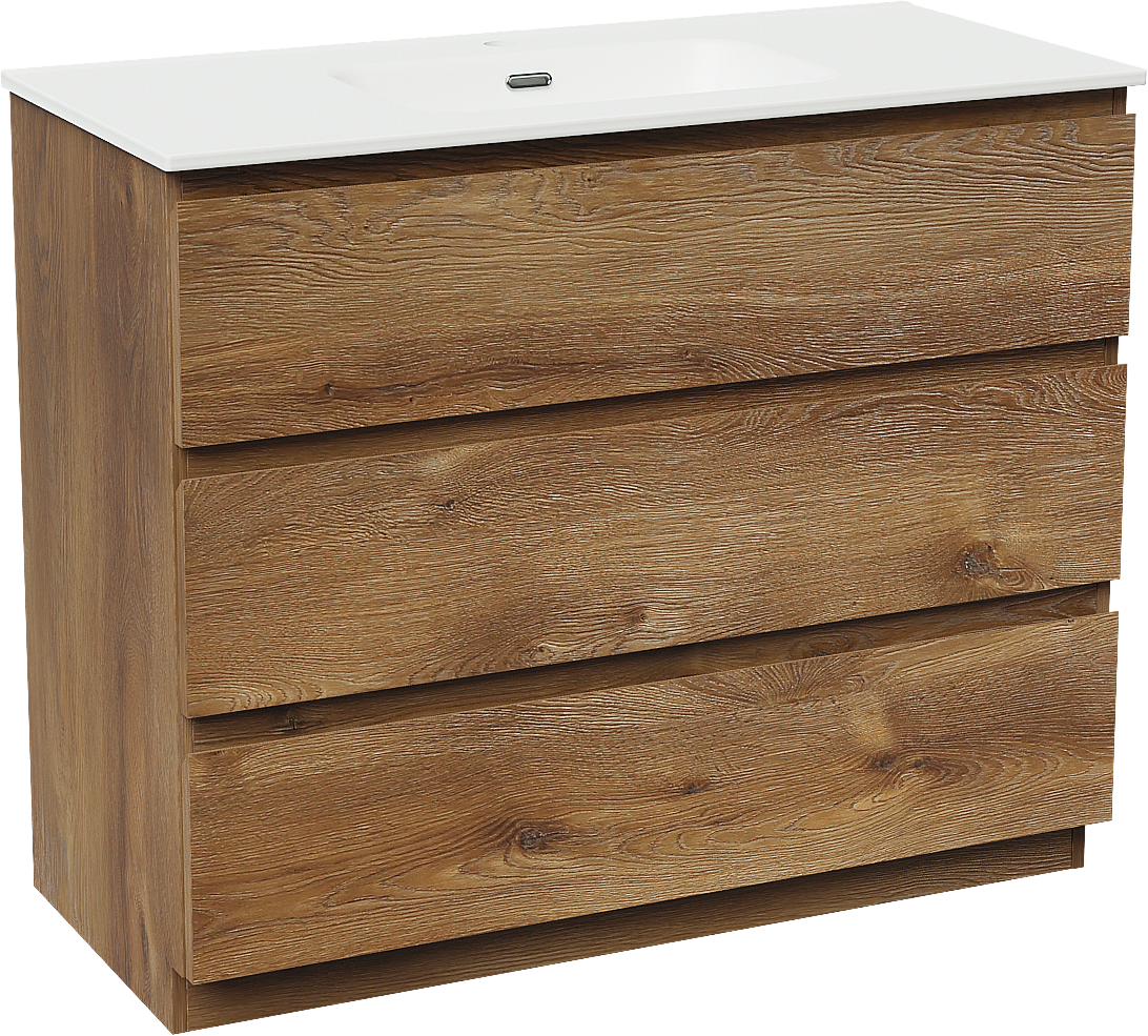 Linie Lado staand badkamermeubel 100 x 46 cm bruine eik met Baro enkele wastafel in porselein mat wit