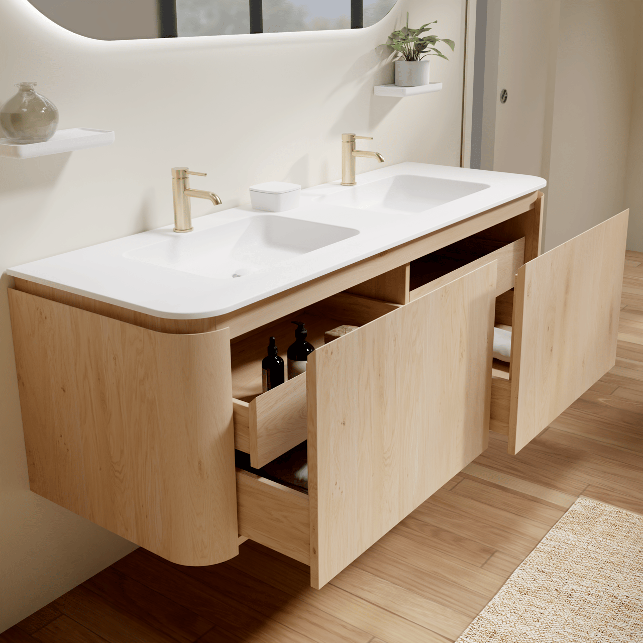 Balmani Moon hängendes Möbelstück Set: 160 x 55 cm, Naturbelassene Eiche, mit Moon Doppelwaschtisch, Solid Surface Weiß matt