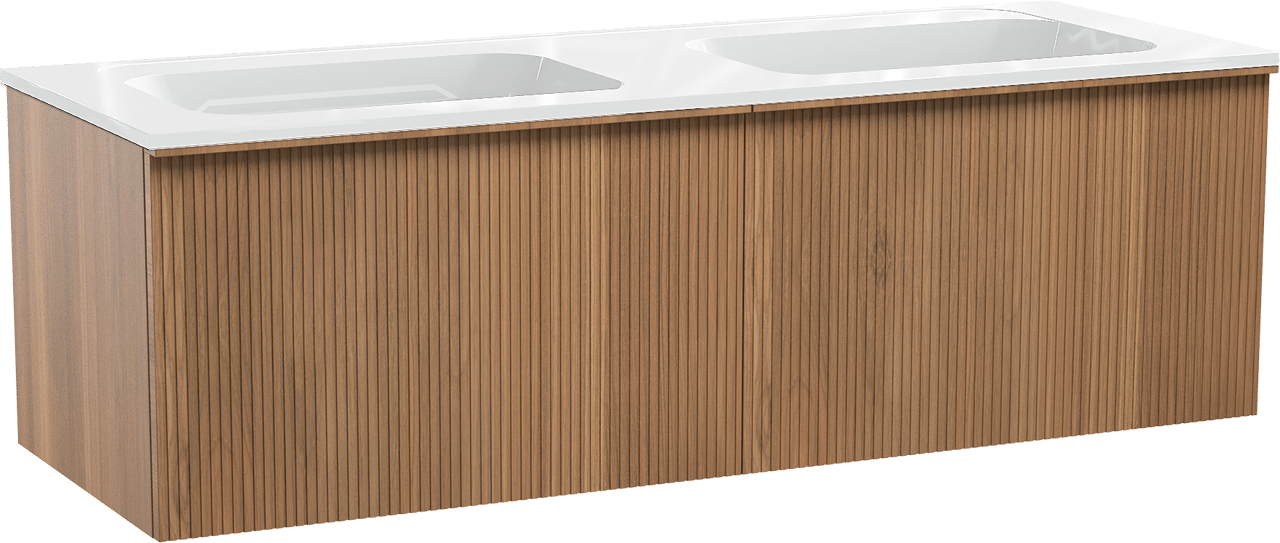 Balmani Forma zwevend badmeubel 150 x 55 cm teakhout met Tablo Strada dubbele wastafel in composietmarmer hoogglans wit, Verticale symmetrische rechte ribbel