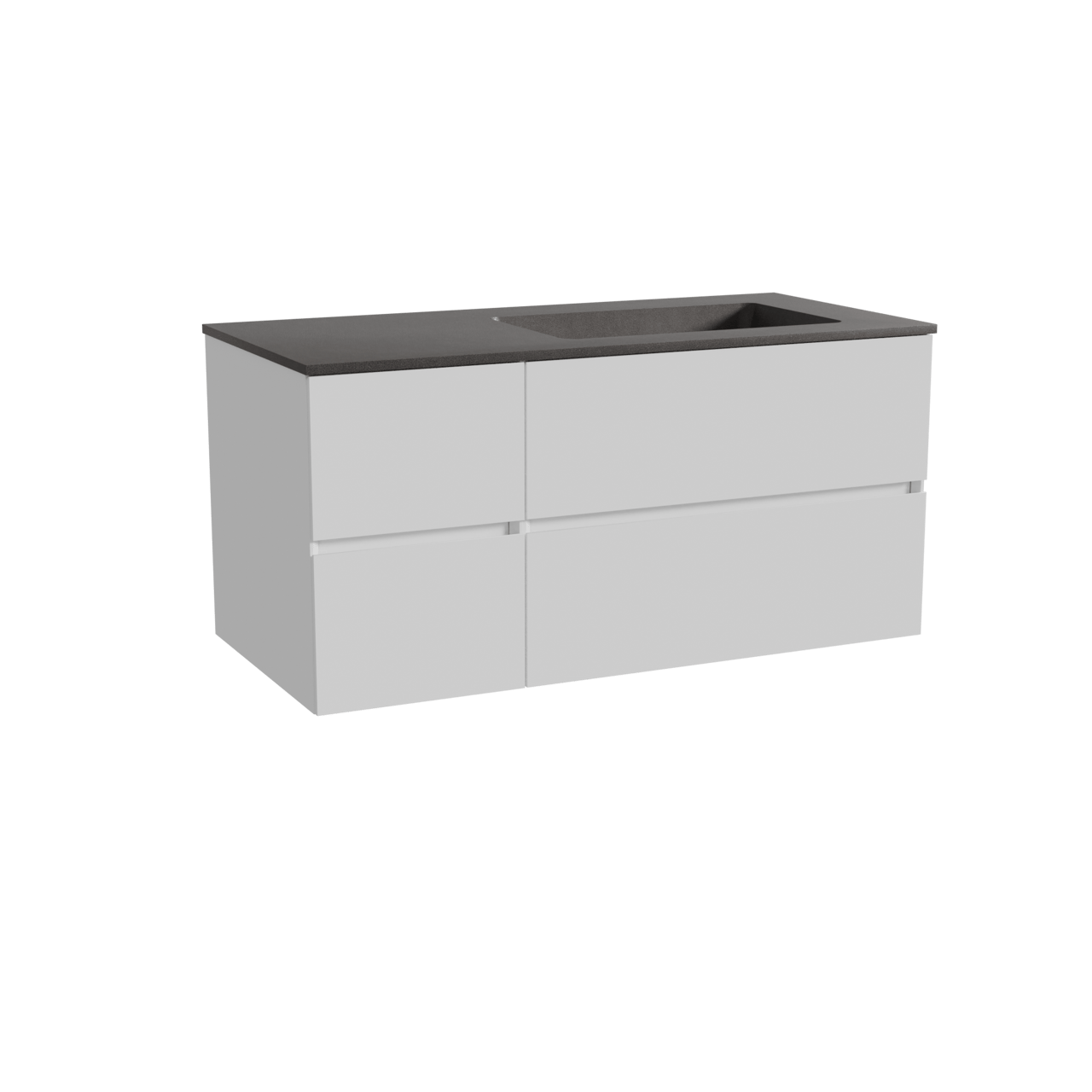 Storke Edge meuble salle de bains suspendu 110 x 52 cm blanc brillant avec Scuro plan vasque asymétrique à droite en quartz noir mat