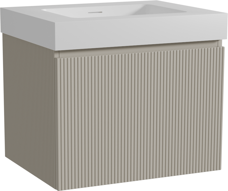 Storke Ribs zwevend badmeubel 65 x 52 cm zijdegrijs met Mata High enkele wastafel in solid surface mat wit, Verticale symmetrische rechte ribbel