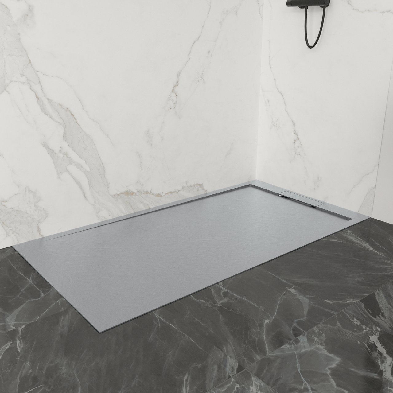 Balmani Indus douchebak 160 x 80 cm composietmarmer donkergrijs leisteenstructuur