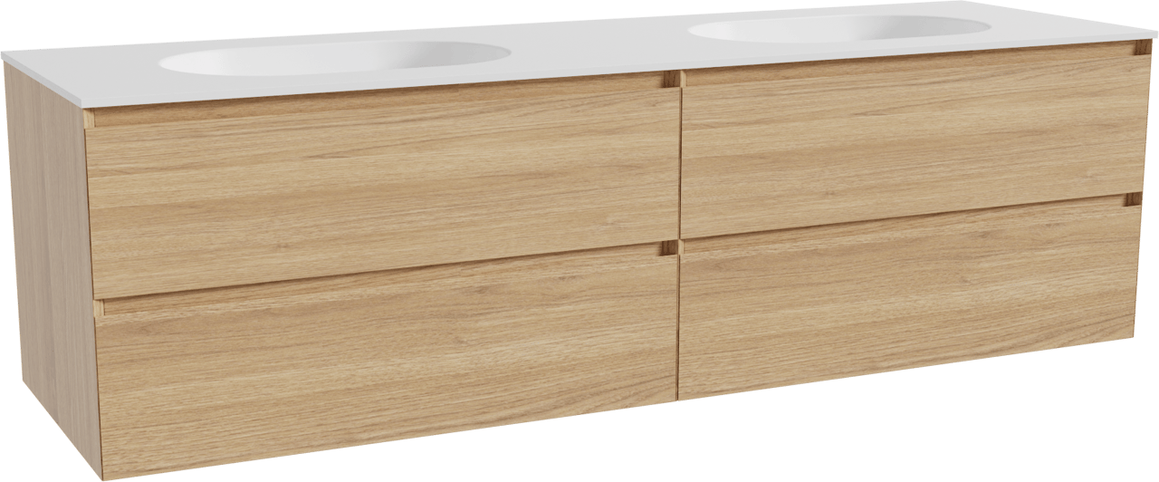 Balmani Mitra zwevend badmeubel 180 x 55 cm naturel eiken met Tablo Oval dubbele wastafel in solid surface mat wit