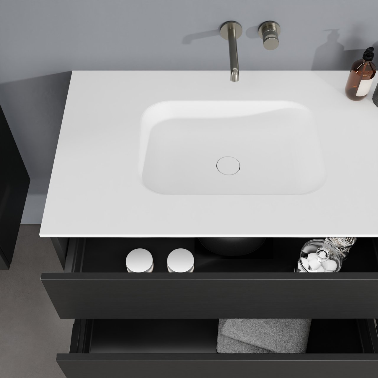 Balmani Lucida zwevend badkamermeubel 75 x 55 cm zwarte eik met Tablo Arcato enkele wastafel in solid surface mat wit