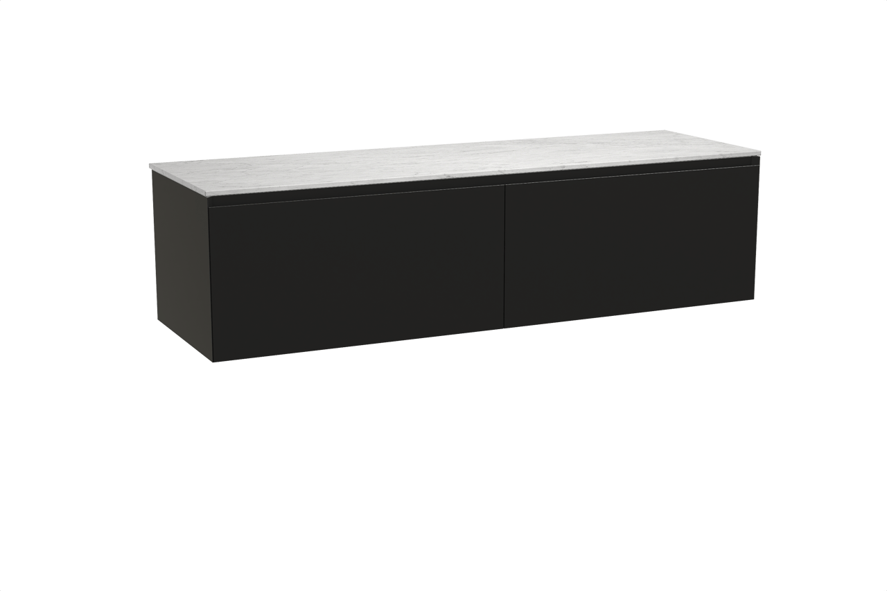 Balmani Idra hängendes Möbelstück Set: 180 x 55 cm, Schwarz matt, mit Stretto Einzel- oder Doppel Waschtischplatte, Marmor Carrara