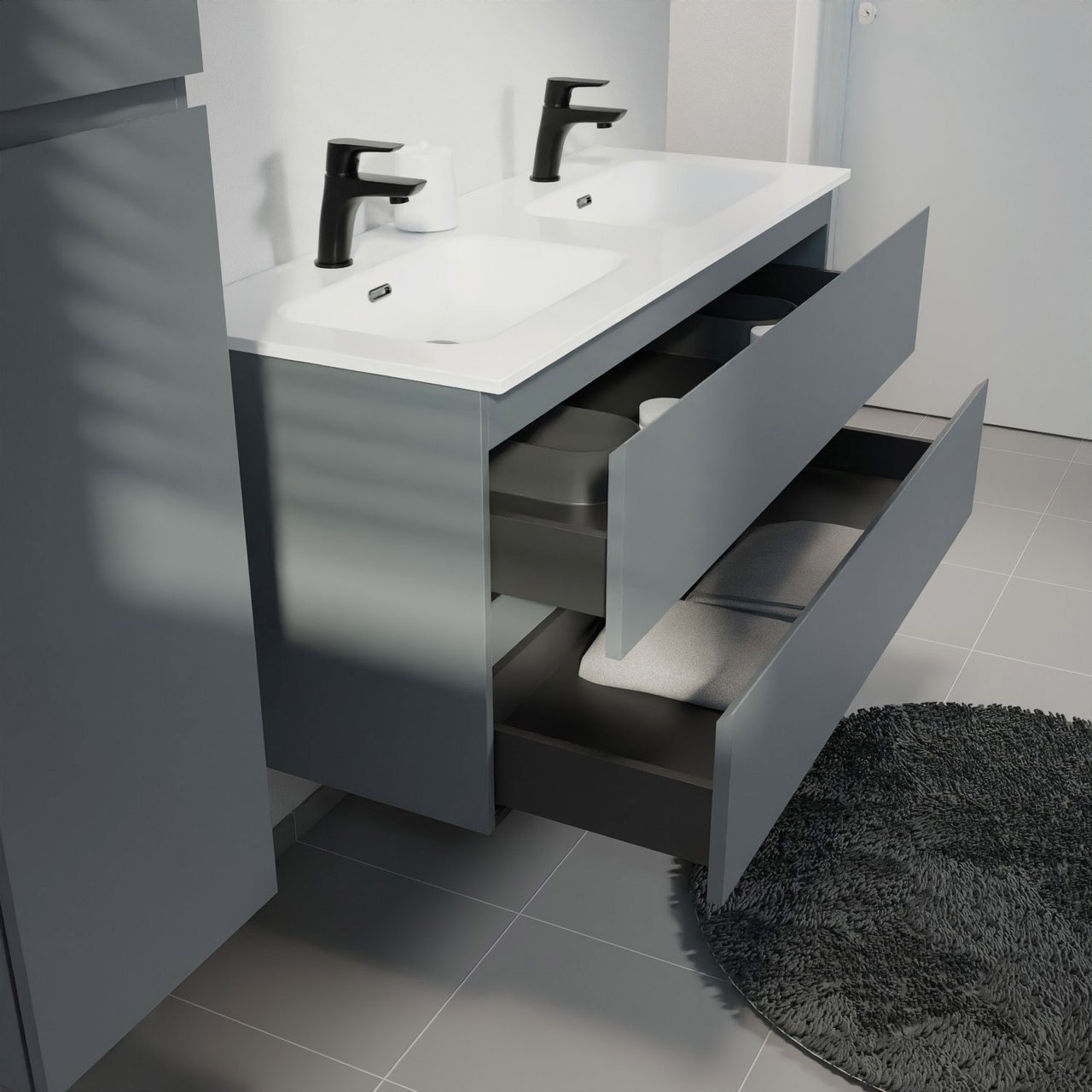 Linie Lado zwevend badkamermeubel 120 x 46 cm blauw antraciet met Baro dubbele wastafel in porselein glanzend wit