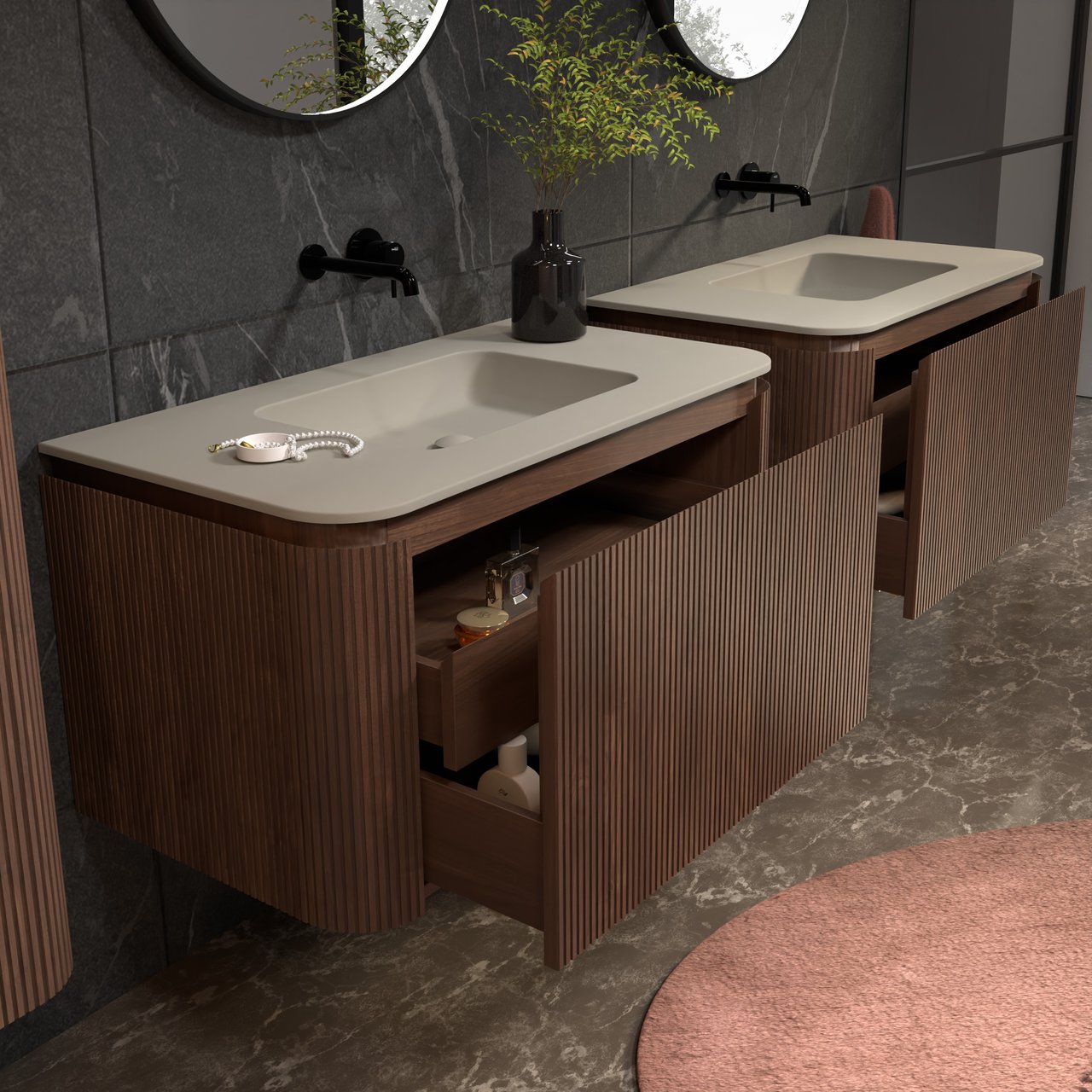 Balmani Moon meuble salle de bains suspendu 100 x 55 cm noyer américain avec Moon plan simple en top solid soie grise, Nervure droite symétrique verticale