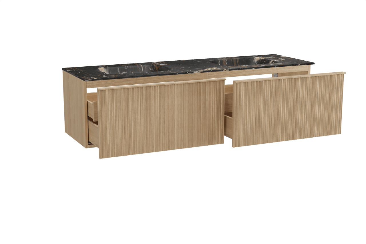 Balmani Forma hängendes Möbelstück Set: 180 x 55 cm, Naturbelassene Eiche, mit Tablo Arcato Doppelwaschtisch, Marmor, Portoro Gold, Vertikale asymmetrische Runde Rippe