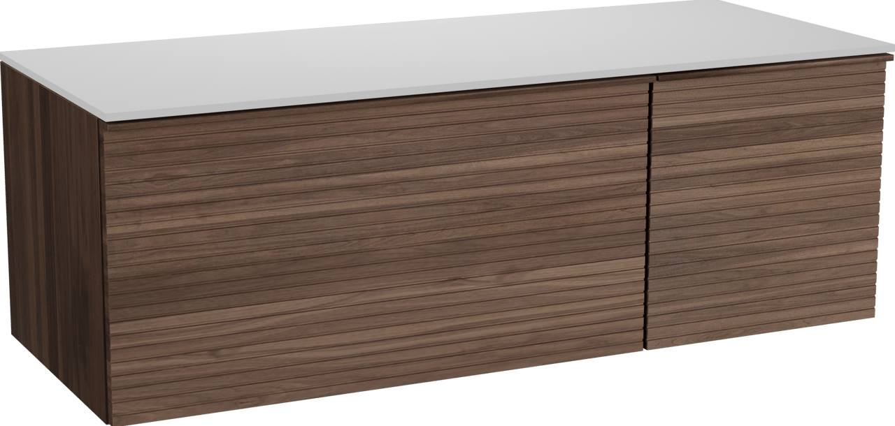 Balmani Forma zwevend badkamermeubel 135 x 55 cm amerikaanse notelaar met Stretto enkel of dubbel tablet in solid surface mat wit, Horizontale symmetrische rechte ribbel