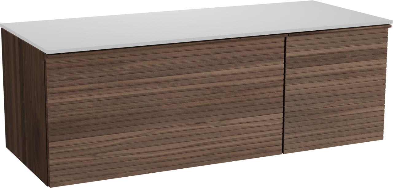 Balmani Forma meuble salle de bains suspendu 135 x 55 cm noyer américain avec Stretto tablette simple ou double en solid surface blanc mat, Nervure droite symétrique horizontale