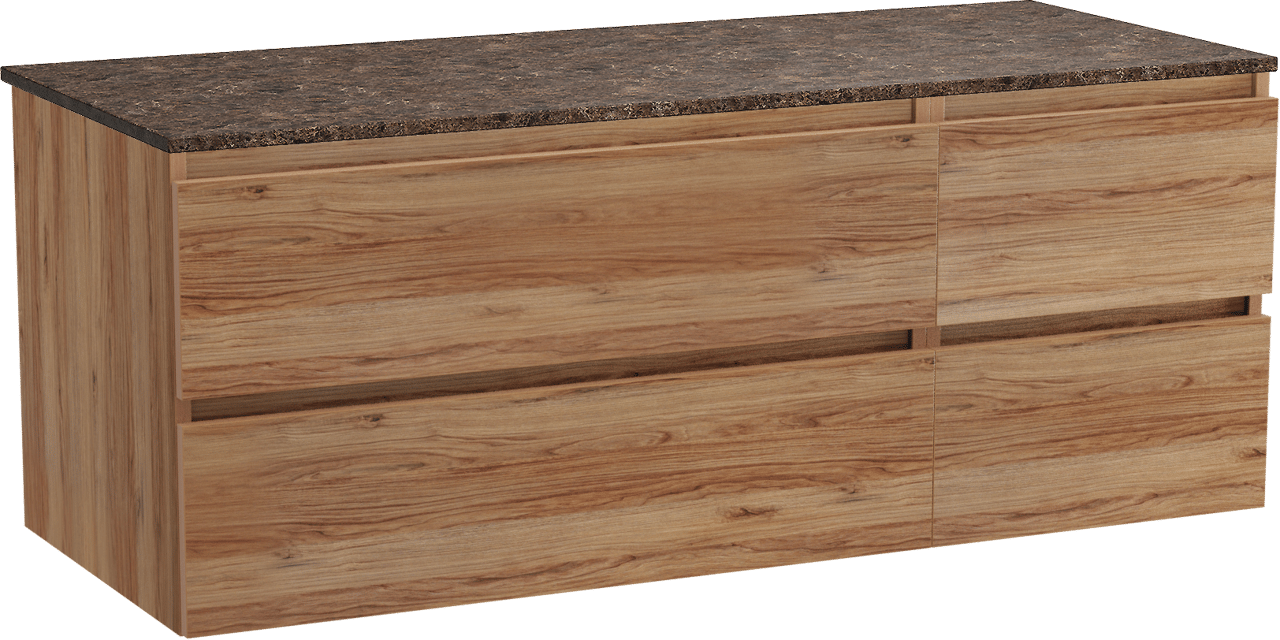 Balmani Lucida zwevend badkamermeubel 135 x 55 cm teak met Stretto enkel of dubbel tablet in marmer dark emperador