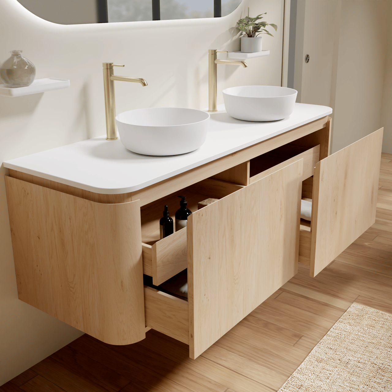 Balmani Moon zwevend badkamermeubel 160 x 55 cm natuur eik met Moon enkel of dubbel tablet in solid surface mat wit