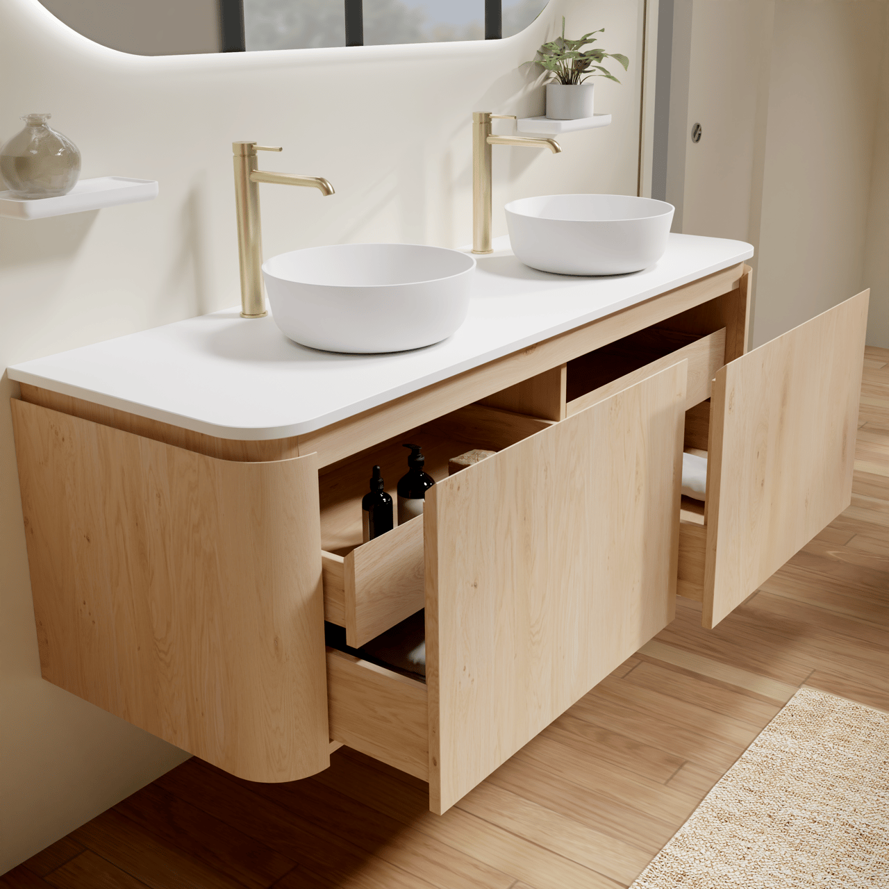 Balmani Moon hängendes Möbelstück Set: 160 x 55 cm, Naturbelassene Eiche, mit Moon Einzel- oder Doppel Waschtischplatte, Solid Surface Weiß matt