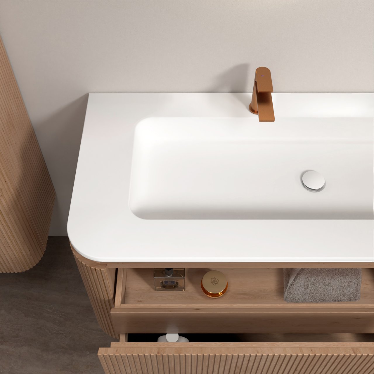 Balmani Moon zwevend badmeubel 130 x 55 cm naturel eiken met Moon enkel of dubbel wastafelblad in solid surface mat wit, Verticale symmetrische rechte ribbel