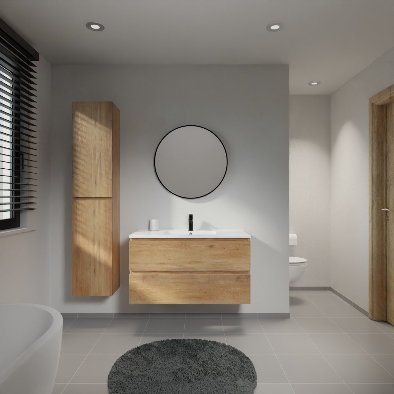 Linie Lado meuble salle de bains suspendu 100 x 46 cm chêne naturel avec Vano plan simple en marbre composite blanc brillant