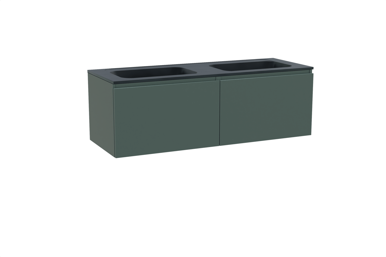 Balmani Sfera hängendes Möbelstück Set: 150 x 55 cm, Forest, mit Tablo Strada Doppelwaschtisch, Marmorkomposit Schwarz matt