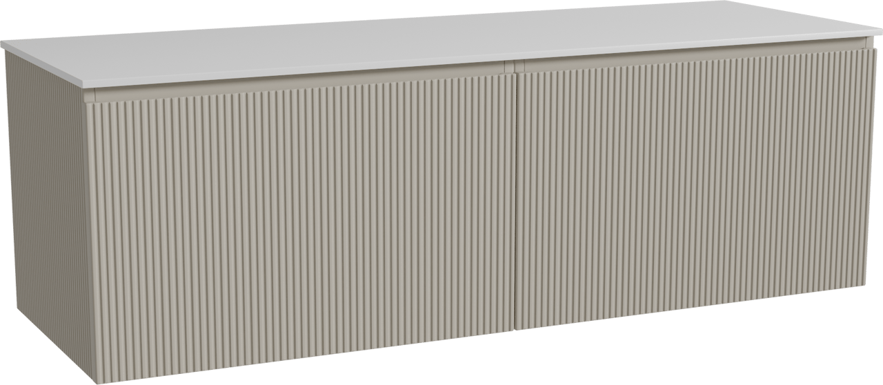 Storke Ribs zwevend badmeubel 150 x 52 cm zijdegrijs met Tavola enkel of dubbel wastafelblad in solid surface mat wit, Verticale symmetrische rechte ribbel