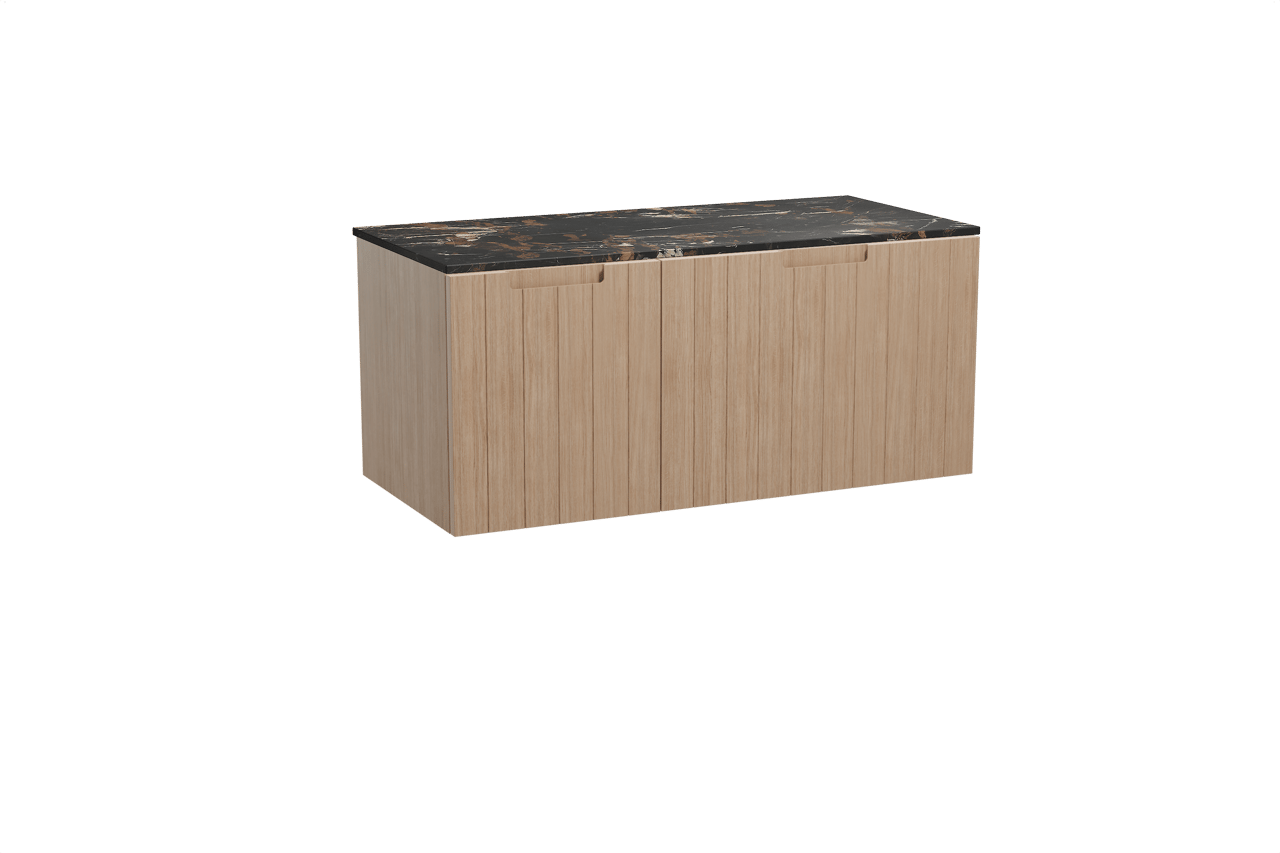 Balmani Adagio meuble salle de bains suspendu 120 x 55 cm chêne vieilli avec Stretto tablette simple en marbre portoro gold