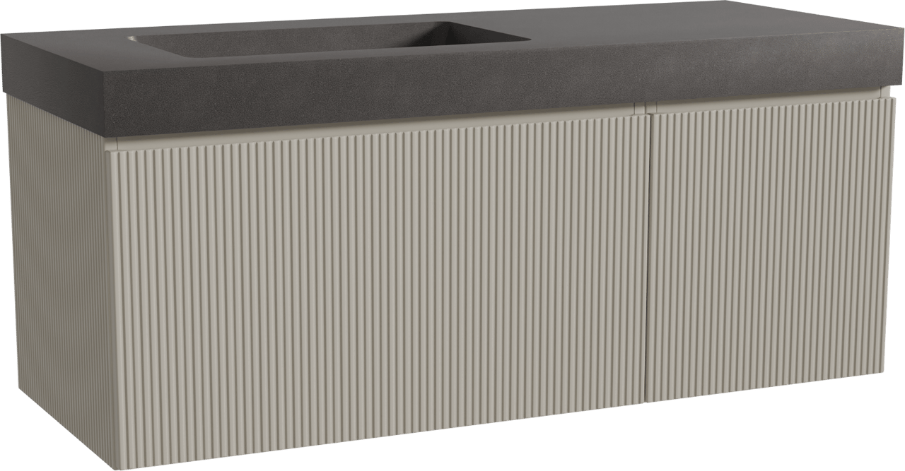 Storke Ribs zwevend badmeubel 130 x 52 cm zijdegrijs met Scuro High asymmetrisch linkse wastafel in kwarts mat zwart, Verticale symmetrische rechte ribbel
