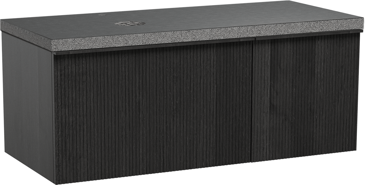 Balmani Forma hängendes Möbelstück Set: 120 x 55 cm, Schwarze Eiche, mit Rock Waschtisch links, Granit, Schwarzes Granit, Vertikale symmetrische gerade Rippe
