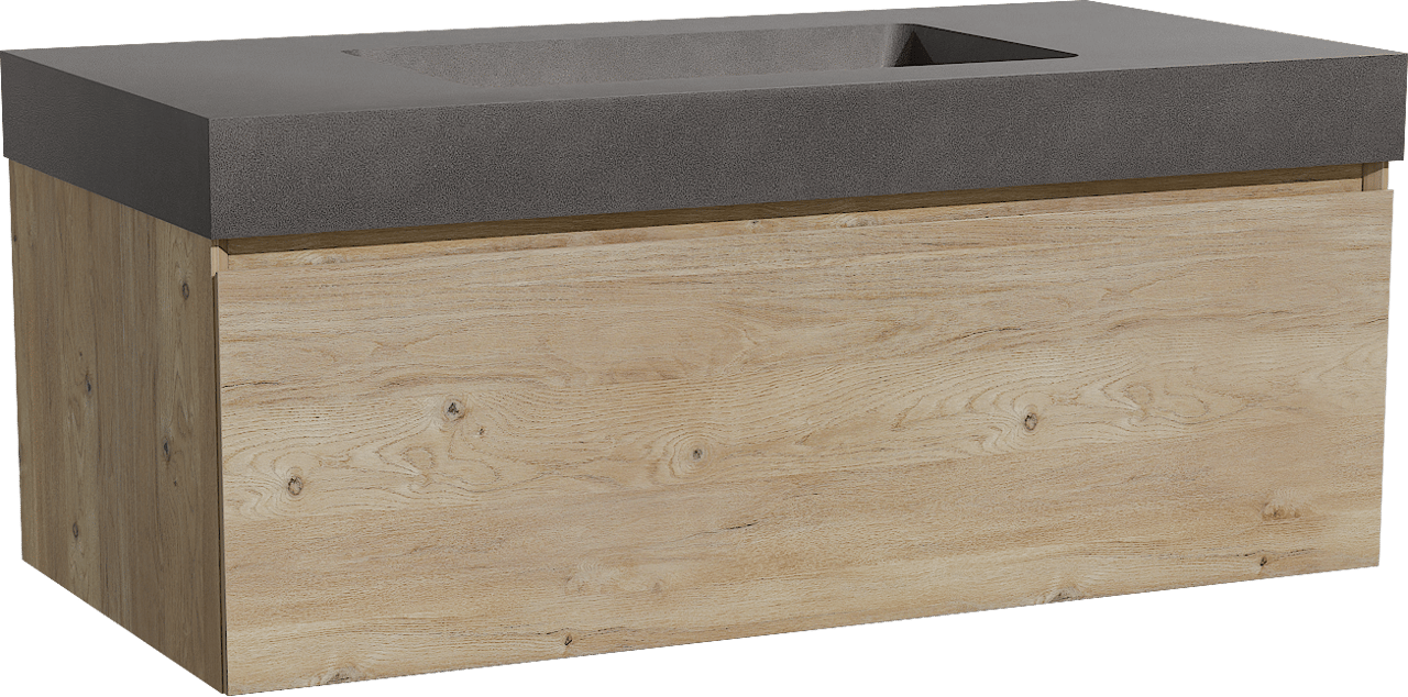 Storke Edge zwevend badmeubel 105 x 52 cm ruw eiken met Scuro High enkele wastafel in kwarts mat zwart