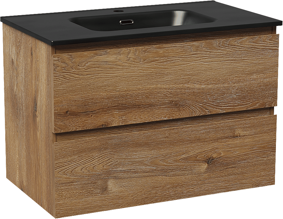 Linie Lado meuble salle de bains suspendu 80 x 46 cm chêne brun avec Baro plan simple en porcelaine noir mat