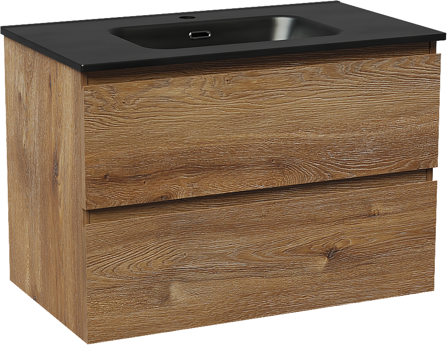 Linie Lado hängendes Möbelstück Set: 80 x 46 cm, Braune Eiche, mit Baro Einzelwaschtisch, Porzellan Schwarz matt