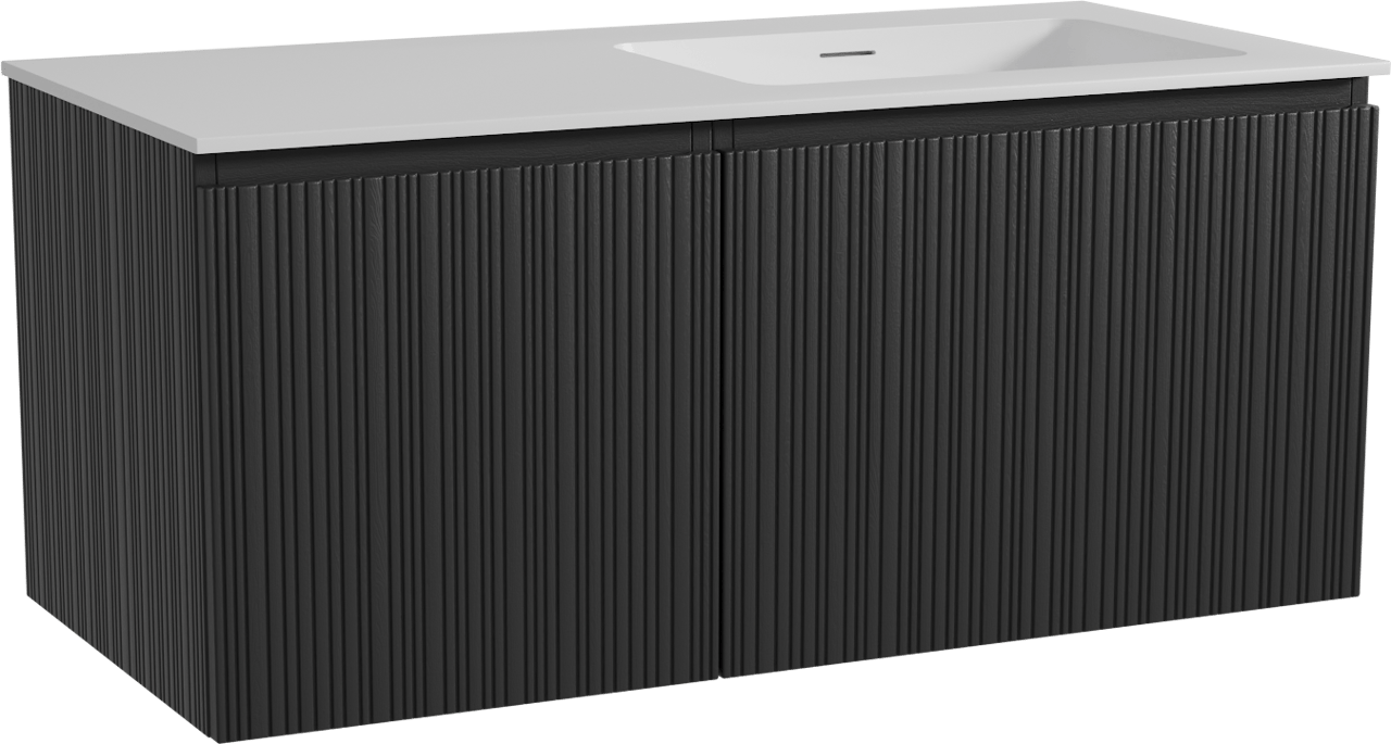 Storke Ribs hängendes Möbelstück Set: 110 x 52 cm, Schwarze Eiche, mit Mata Waschtisch rechts, Solid Surface, Weiß matt, Vertikale asymmetrische gerade Rippe