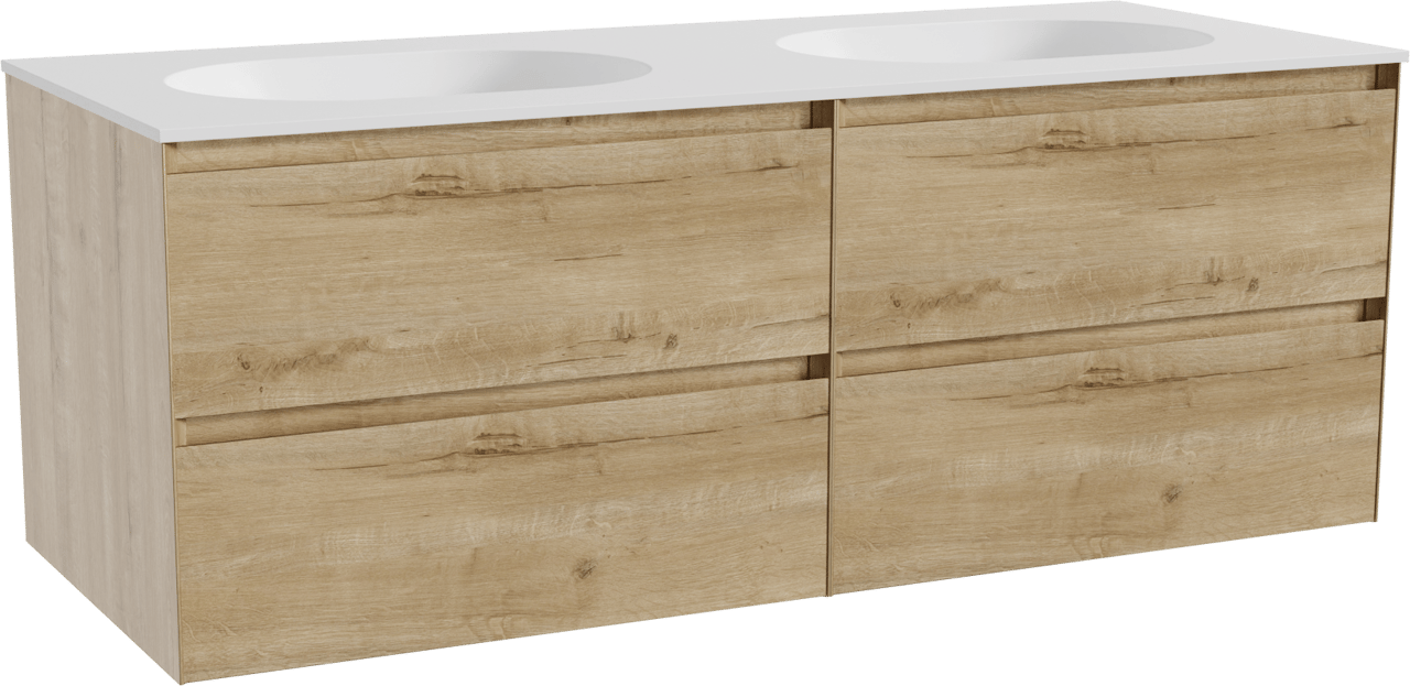 Balmani Mitra meuble salle de bains suspendu 135 x 55 cm chêne brut avec Tablo Oval double vasque en solid surface blanc mat