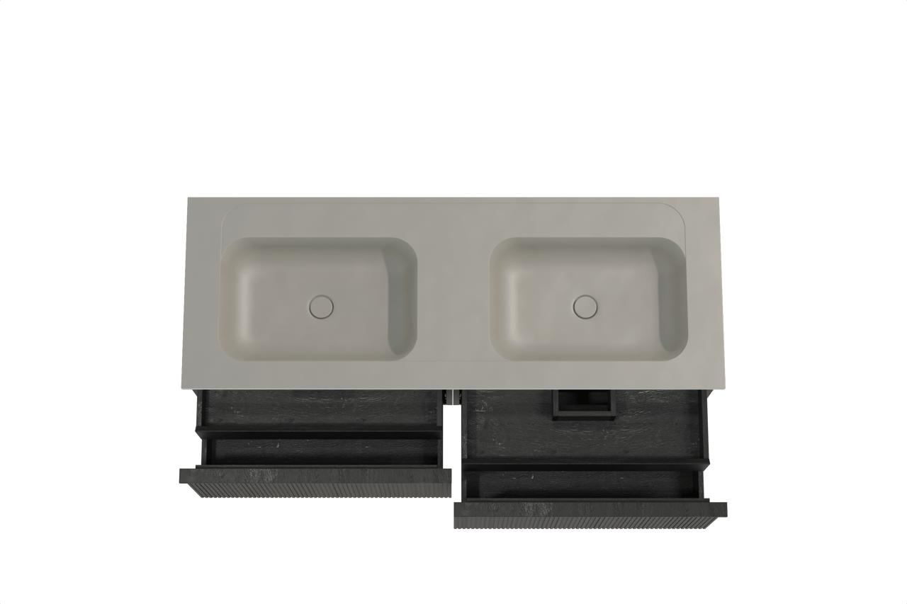 Balmani Forma zwevend badkamermeubel 150 x 55 cm zwarte eik met Tablo Strada dubbele wastafel in composietmarmer zijdegrijs, Verticale symmetrische rechte ribbel