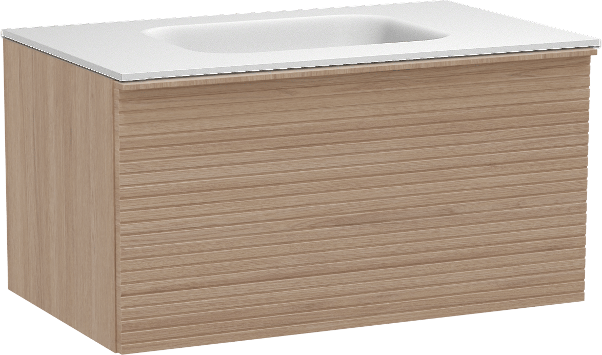 Balmani Forma zwevend badkamermeubel 90 x 55 cm natuur eik met Tablo Arcato enkele wastafel in solid surface mat wit, Horizontale symmetrische rechte ribbel