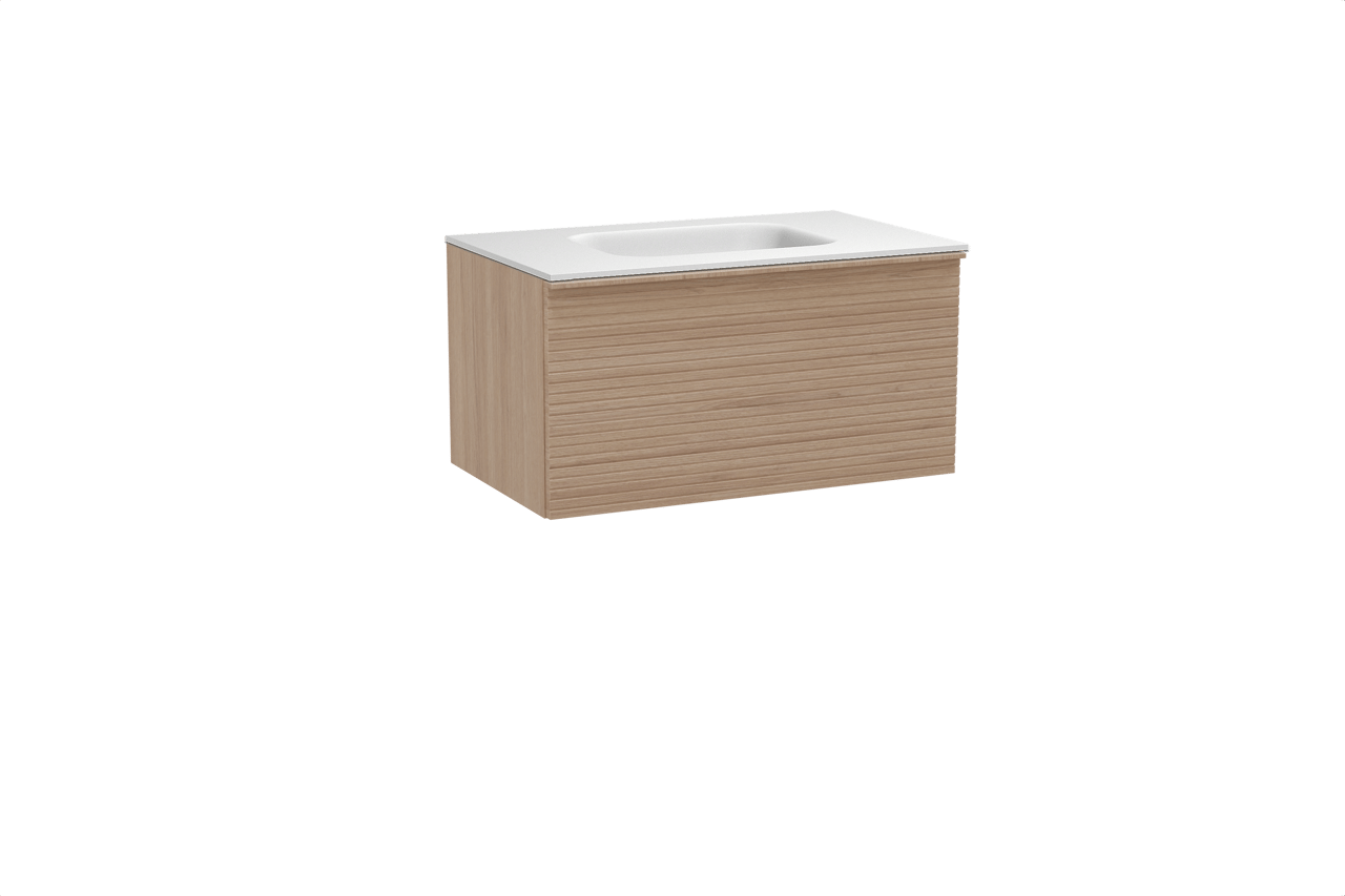 Balmani Forma meuble salle de bains suspendu 90 x 55 cm chêne naturel avec Tablo Arcato plan simple en solid surface blanc mat, Nervure droite symétrique horizontale