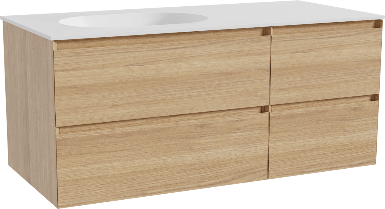 Balmani Mitra hängendes Möbelstück Set: 120 x 55 cm, Naturbelassene Eiche, mit Tablo Oval Waschtisch links, Solid Surface Weiß matt