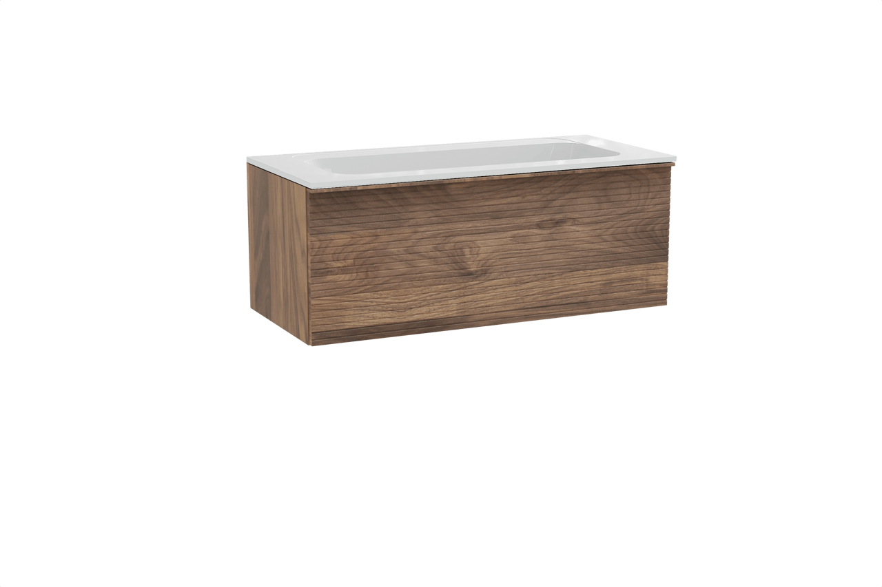 Balmani Forma hängendes Möbelstück Set: 120 x 55 cm, Amerikanischer Nussbaum, mit Tablo Strada Einzelwaschtisch, Marmorkomposit, Weiß glänzend, Horizontale symmetrische gerade Rippe