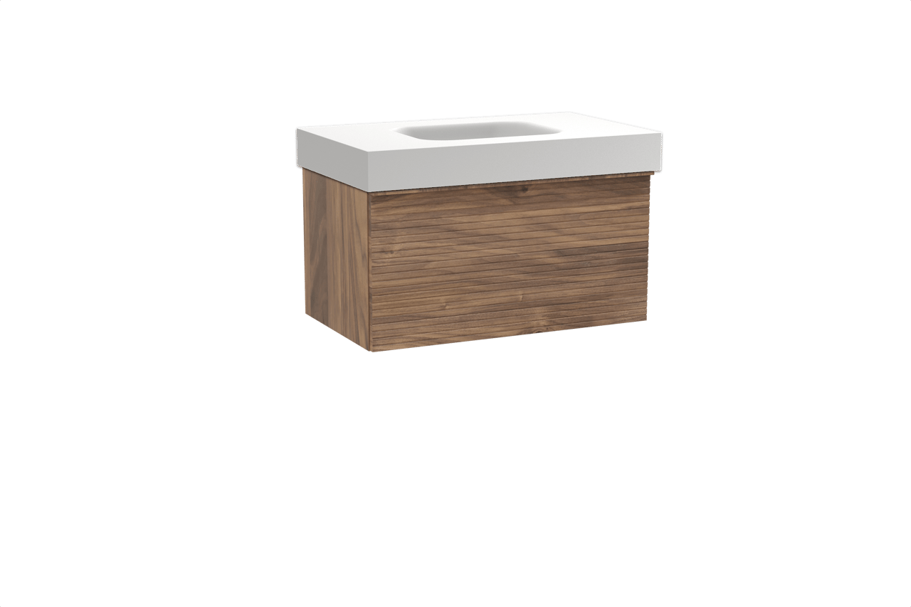 Balmani Forma meuble salle de bains suspendu 90 x 55 cm noyer américain avec Arcato plan simple en solid surface blanc mat, Nervure droite symétrique horizontale