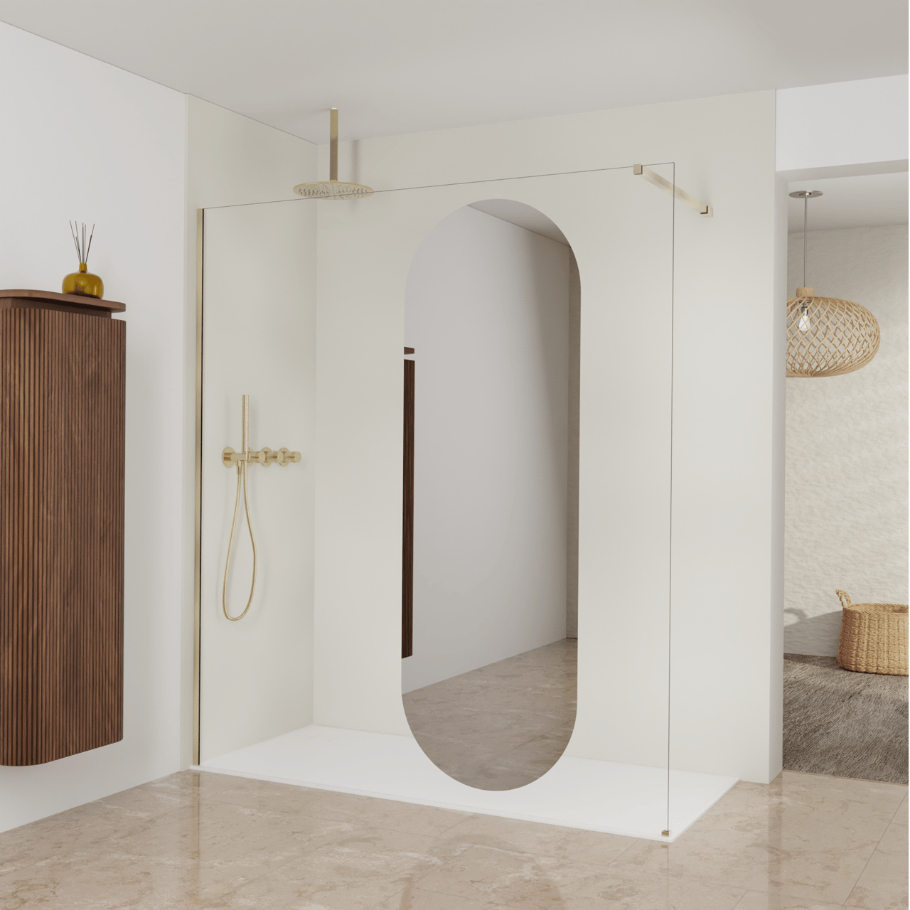 Balmani Modular inloopdouche: 180 x 200 cm, Reflex ovaal spiegelglas, Brushed Champagne Gold profielen