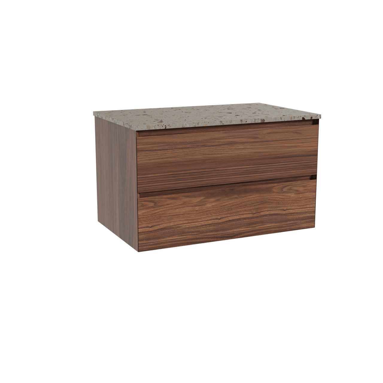 Balmani Mitra hängendes Möbelstück Set: 90 x 55 cm, Nussbaum, mit Stretto Einzel Waschtischplatte, Terrazzo in Greige