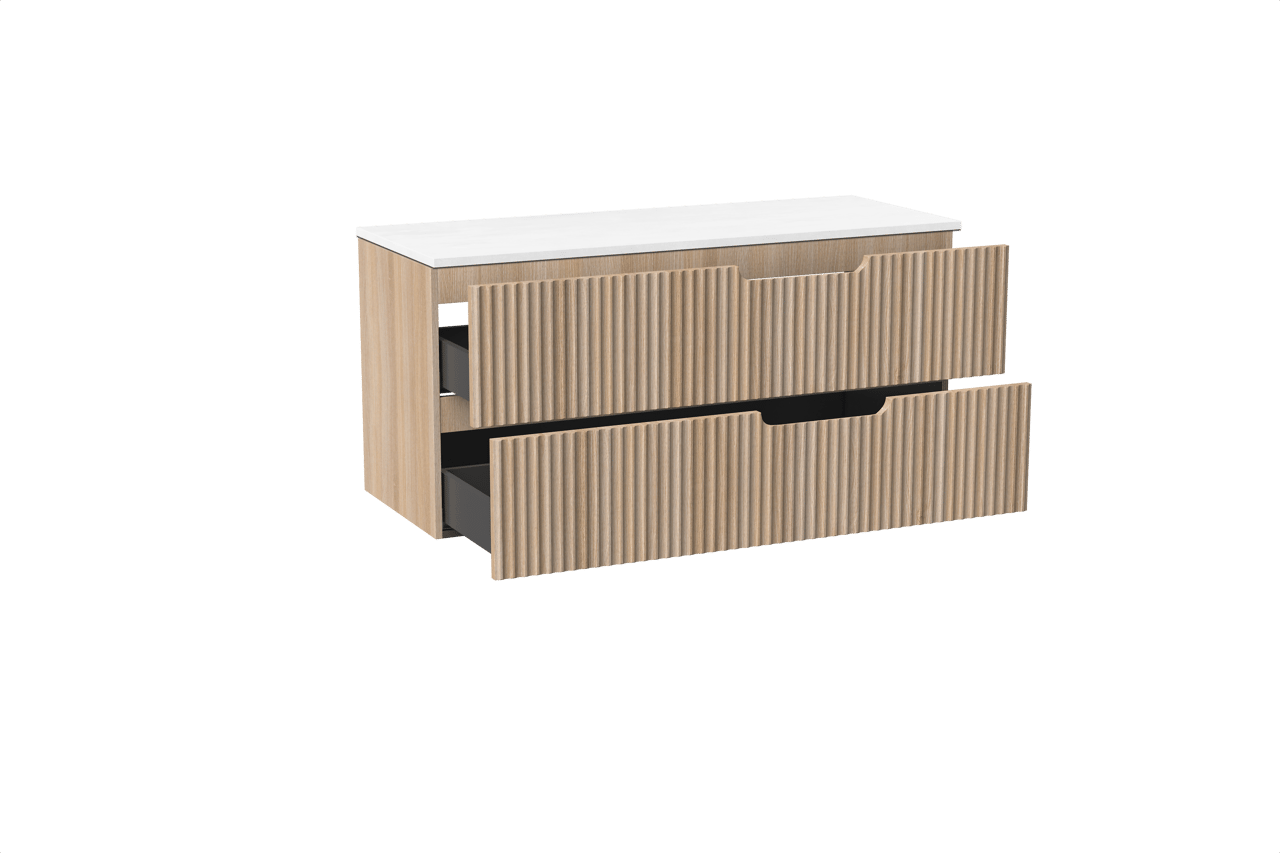 Linie Ribbo meuble salle de bains suspendu 120 x 46 cm chêne clair avec Lado tablette double en marbre composite blanc mat, Nervure circulaire symétrique verticale